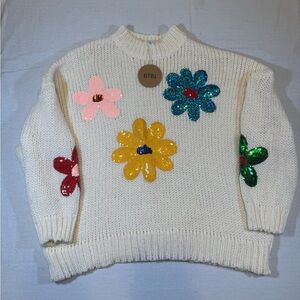 NWT BiBi Cream Sweater with Sequined Multicolor Flower Design